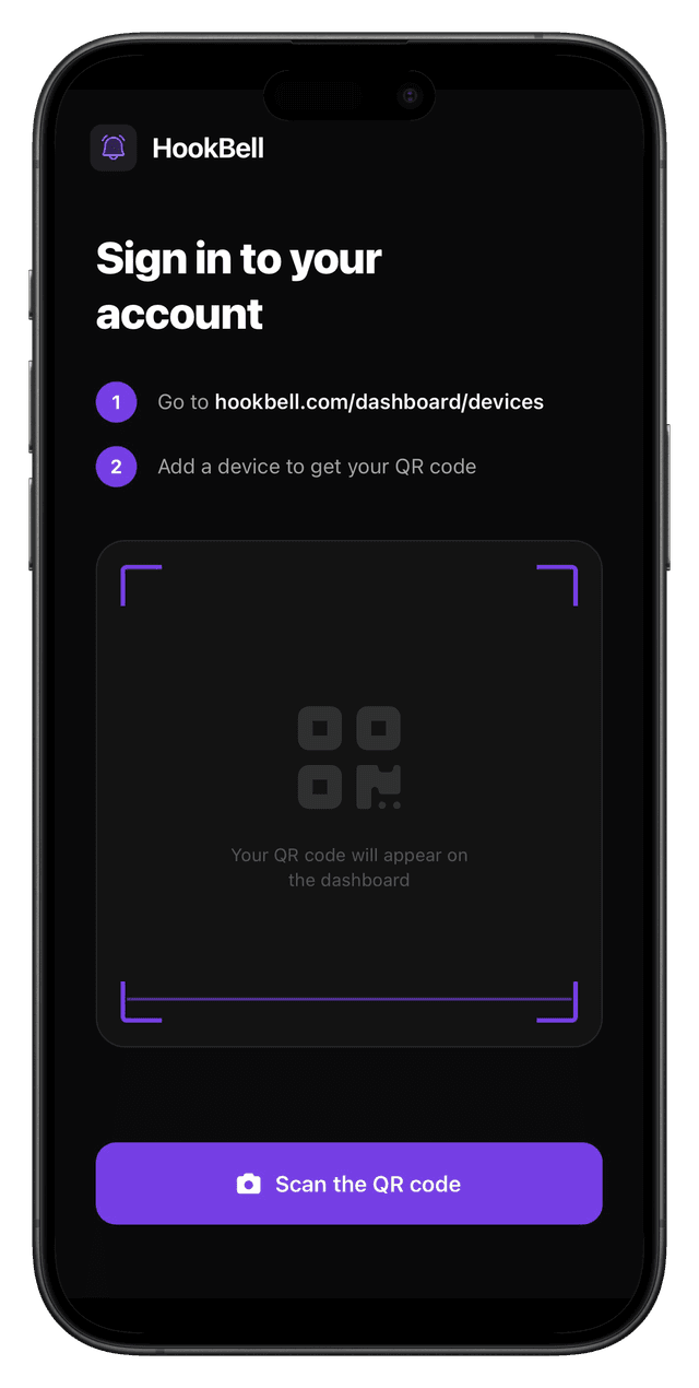 HookBell app showing QR code scanning to connect your account