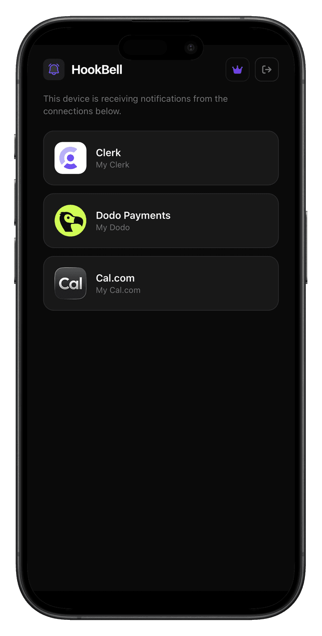 HookBell app showing a connected device with active Clerk connection