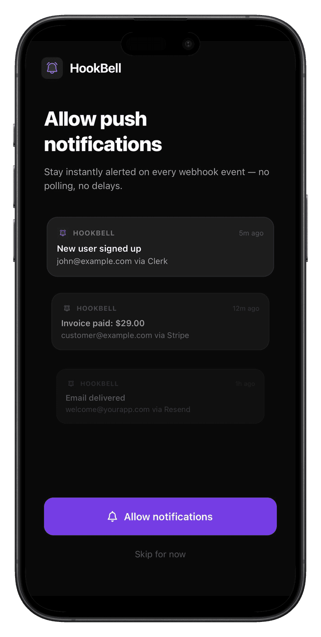 HookBell app requesting push notification permission with example alerts
